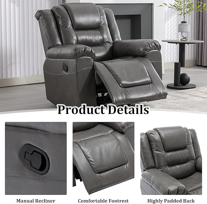 Leather Recliner Chair with Adjustable Backrest Modern Home Theater Seating for Living Room Bedroom Home TheaterRV(Grey)