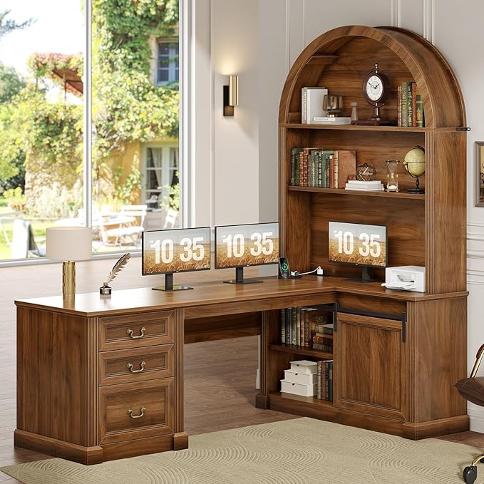 SEDETA 67 L Shaped Desk with Tall Arched Bookshelf Mid-Century Office Computer Desk with 3 Drawers and Storage Shelves Corner Executive Desk with Sliding Barn Door for Home Office Brown