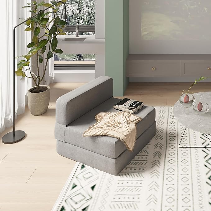 Convertible Folding Sofa Bed Couch - Light Grey Memory Foam Fold Out Couches Modern Linen Foldable Mattress Sleeper Chair for Living Room/Home Office/Apartment