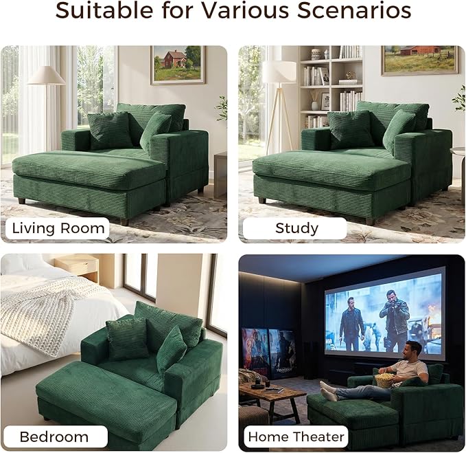 Chaise Lounge Chair IndoorOversized Corduroy Upholstered Sofa Bed with Removable Storage Ottoman Small Cloud Sofas for Living Room Comfy Deep Seat Sleeper Couch Reading Chairs (Green)