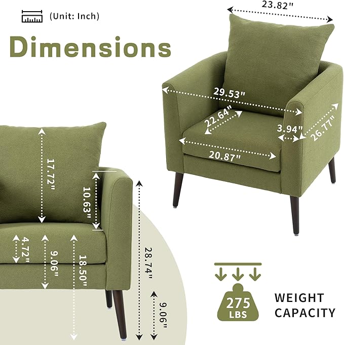 Modern Accent Chair for Living Room Chairs Comfortable Lumbar Support Armchair Removable Cushion Covers Single Sofa Chair with Solid Wood Legs Bedroom Reading Chair Olive Green
