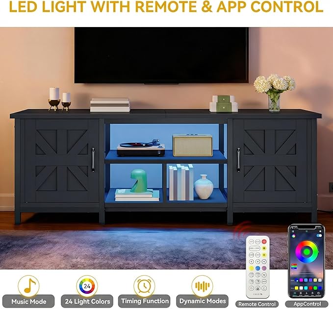 DWVO Farmhouse TV Stand with Power Outlet &amp LED Lights TV Consoles for TVs up to 70'' Entertainment Center with Storage Cabinets for Living Room Black