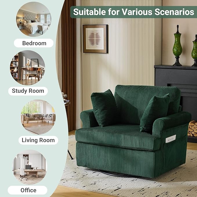 Karl home 39 Swivel Accent ChairOversized Seat Armchair W/2 Pillows and 4 PocketsModern Upholstered Corduroy Barrel ChairsComfy Single Sofa for Living RoomReadingBedroom and Office-Dark Green