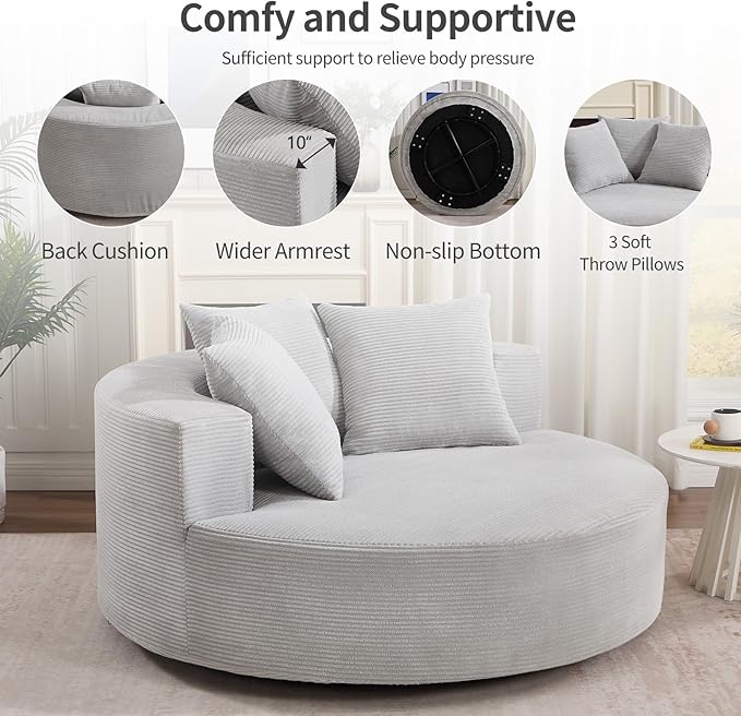 CANMOV Oversized Round Swivel Chaise Longue Chair Indoor Upholstered Corduroy Deep Seat Cloud Large Circle Sofa Chair Modern Single Cloud Sofa Bed for Living Room Bedroom Apartment Light Gray