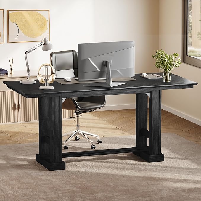 DWVO 70 Inch Computer Desk Large Executive Office Table Workstation Modern Farmhouse Style Laptop Wooden Sturdy Legs Writing Desk Business Furniture for Home Black