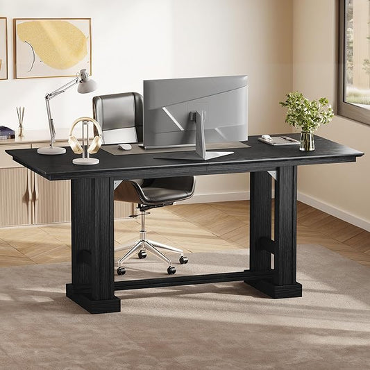 DWVO 70 Inch Computer Desk Large Executive Office Table Workstation Modern Farmhouse Style Laptop Wooden Sturdy Legs Writing Desk Business Furniture for Home Black