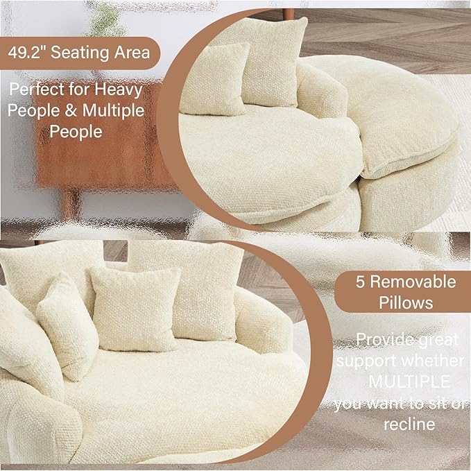 54'' Oversized Round Bean Bag Chaise Lounge Barrel Chair with Movable Ottoman Fluffy Cloud Couch Boneless Round Sofa Chair for Living Room Bedroom Apartment Beige White