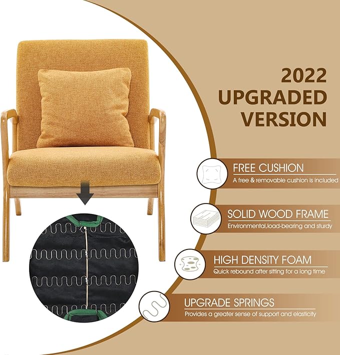 ELUCHANG Mid-Century Modern Accent Chair Upholstered Premium Linen Fabric Armchair with Wooden Frame LegsComfy Living Room Chairs Lounge Chair for Bedroom (Yellow 1 PC)