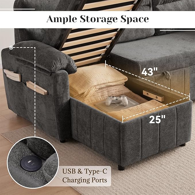 Tbfit 84’’ Queen Sleeper Sofa Couch with Pullout Bed 3 in 1 Cloud Sofa Bed Couch with Storage Chaise &amp USB Chenille Convertible Sleeper Sofa Pull Out Sofas for Living Room Small Spaces Dark G