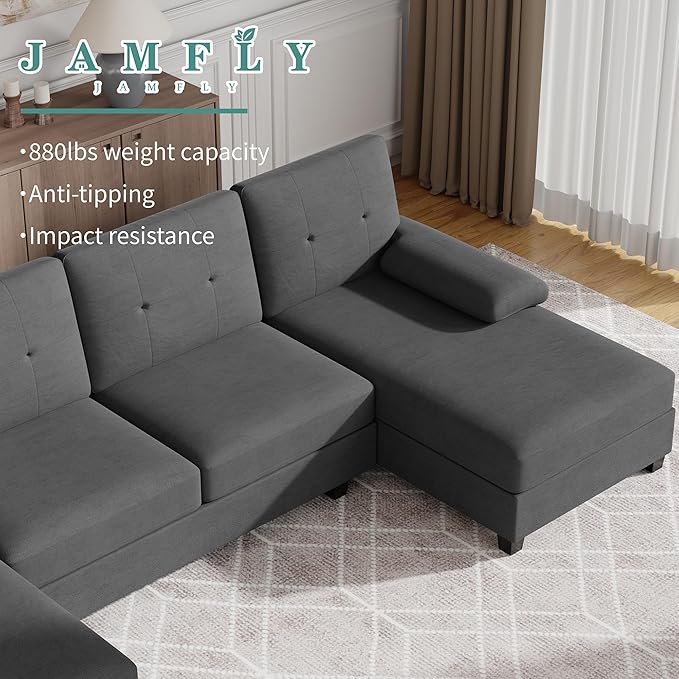 JAMFLY Sectional Sofa Couches for Living Room U Shaped Sofa Living Room Furniture Sets 4 Seat Modular Sectional Couch with Chaise Black Grey