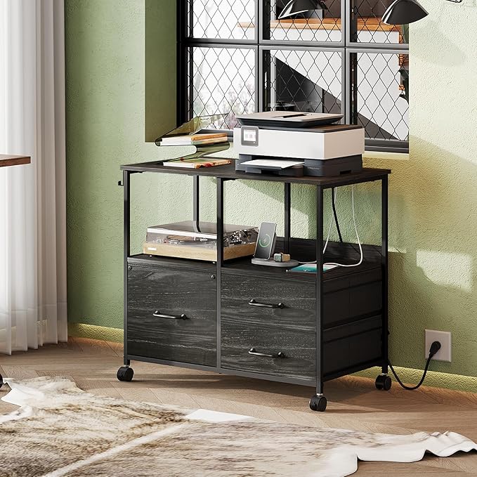 DEVAISE 3 Drawer Mobile File Cabinet Rolling Printer Stand with Storage Shelf Fabric Lateral Filing Cabinet fits A4 or Letter Size Adjustable Shelf for Home Office Charcoal Black Wood Grain Print