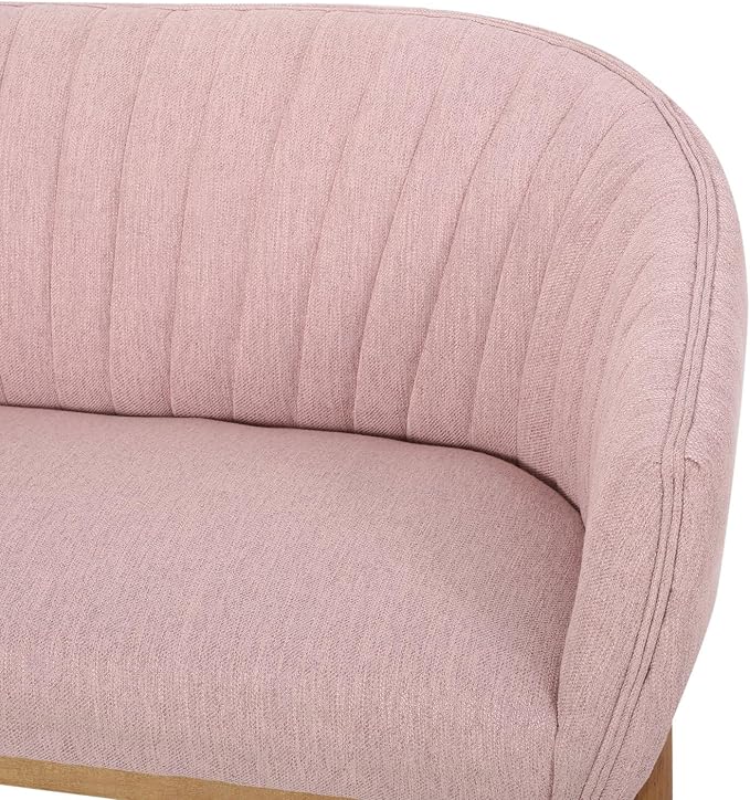 Blush Fabric Loveseat Sofa - Mid Century Modern Channel Stitched Backrest with Brown Rubberwood Legs for Living Room Bedroom or Foyer
