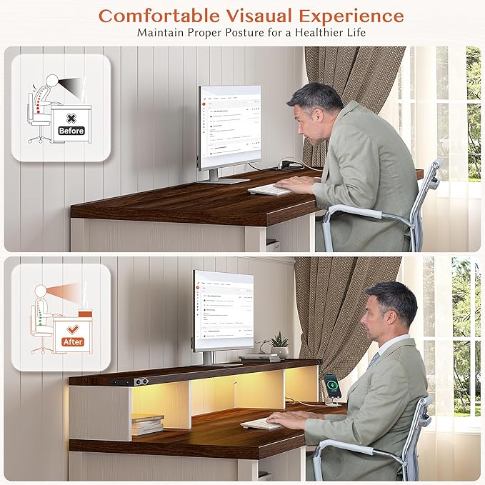 EnHomee Computer Desk with Drawers23 D Home Office Desk with StorageWooden Desk with Monitor StandFarmhouse Desk with Printer Space and Power Outlets for StudioWork StudyWriting&ampGamingWhit