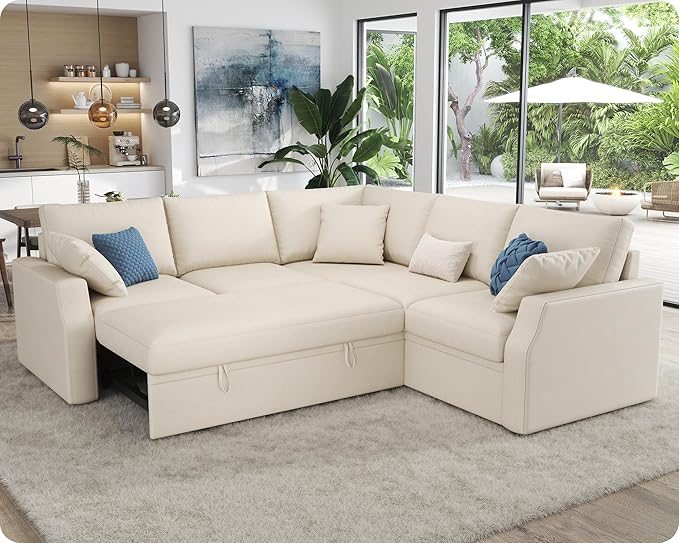 VanAcc Sofa Bed 85 Inch Sleeper Couch with Storage Seat L Shaped Sofa with Pull Out Sofa Bed Sectional Couches for Living Room Apartment Beige Linen Couch Sofa