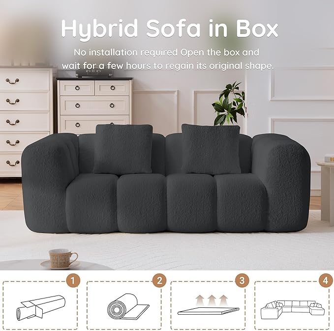 Loveseat Sofa Comfy Deep Seat Boneless Couch with 2 Pillows Modern Cloud Couch Upholstered 3-Seater Boucle Couches for Living Room Bedroom Apartment(Grey)