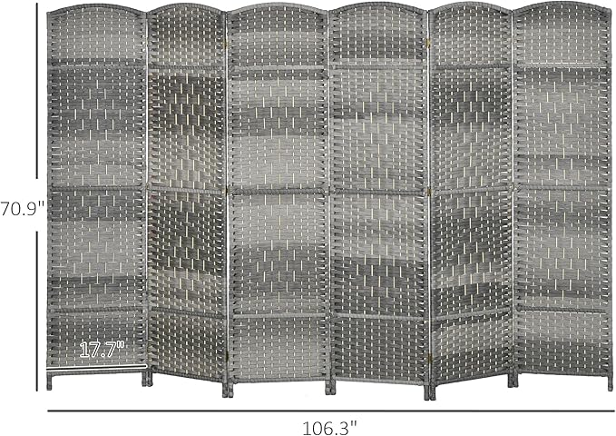 HOMCOM Room Divider 6 Ft 6 Panel Folding Privacy Screen Hand-Woven PP Wall Partition with Pine Wood Frame Freestanding Room Separator for Bedroom Home Office No Assembly Mixed Gray