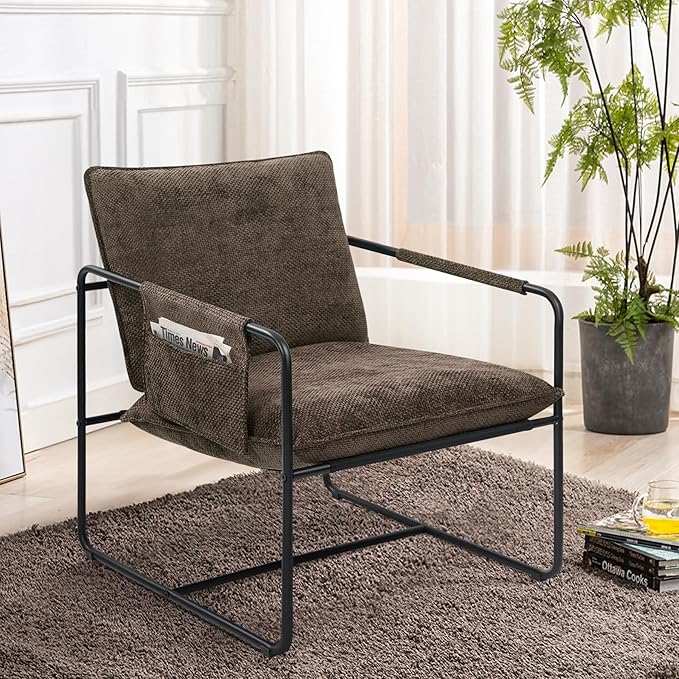 Accent Chair with Metal Frame Upholstered Living Room Chairs with Cushions Comfy Reading Armchair for Bedroom Brown