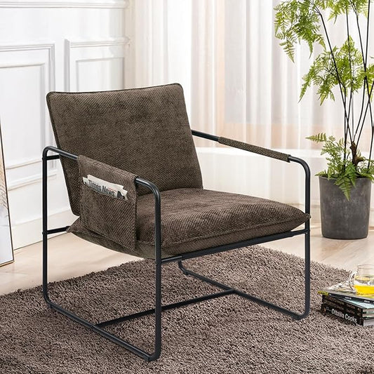 Accent Chair with Metal Frame Upholstered Living Room Chairs with Cushions Comfy Reading Armchair for Bedroom Brown