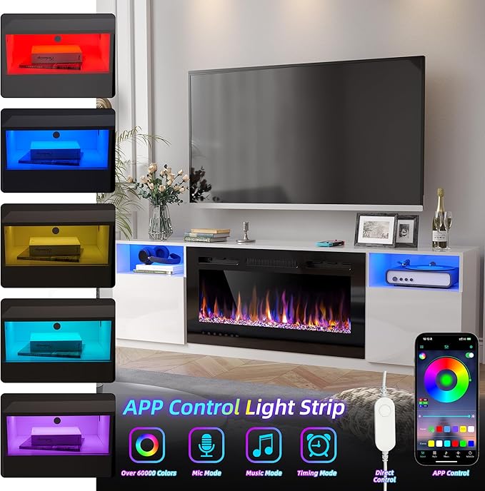 AHB Fireplace TV Stand LED Light Entertainment Center with 36 Electric Fireplace and Storage Cabinet Media Console Table for TVs Up to 80 Inches Ideal for Living Room 70 Inches (White)