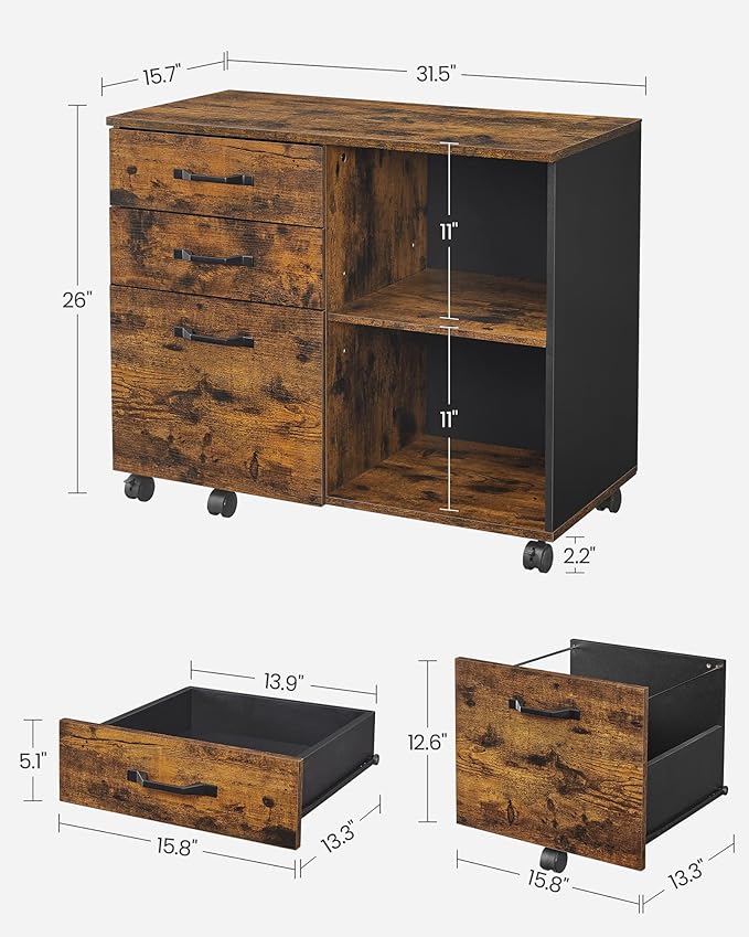 VASAGLE Lateral File Cabinet Home Office Printer Stand 3-Drawer Mobile Filing Cabinet with Open Storage Shelves for A4 Letter-Size Files Industrial Rustic Brown and Black UOFC041B01