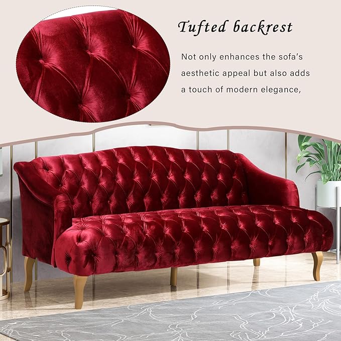 Modern Wingback Tufted Velvet Loveseat 73.25 3 Seat Sofas Settee Bench Banquette Chesterfield Love Seat with High Back Thick Padded Cushioned Upholstered Couch for Living Room Victorian Style Red