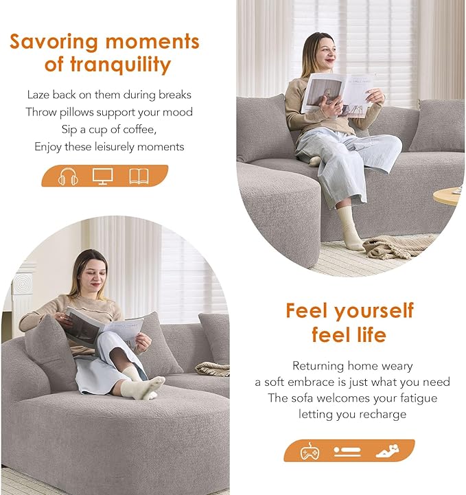 Curved Sectional Sofa Couch Oversized L Shape Deep Seat Cloud Couch Modern Chenille 4-Seater Sofa with Chaise No Assembly Required Couches for Living Room Apartment Office Grey