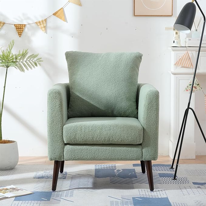 Modern Upholstered Accent Chair Mid-Century Lounge Armchair with Pillow Comfy Reading Side Accent Chairs Single Sofa Chair with Wood Legs for Living Room Bedroom (Green++Teddy)