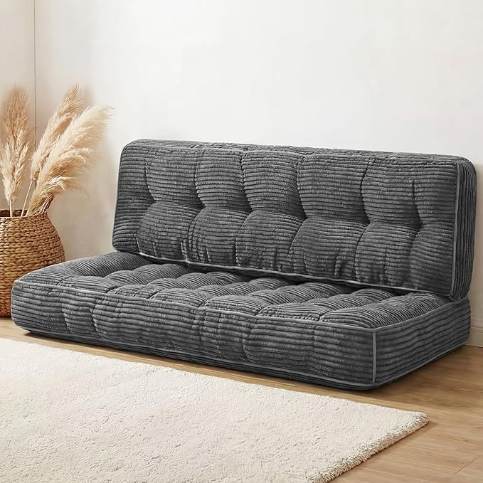 63 Inch Folding Bench Cushion 4 Inch Thick 2-in-1 Convertible Long Floor Lounger Boneless Cushions Couch Mattress Upholstered for Yoga Reading Sleeping Meditation Living Room(Dark Grey)
