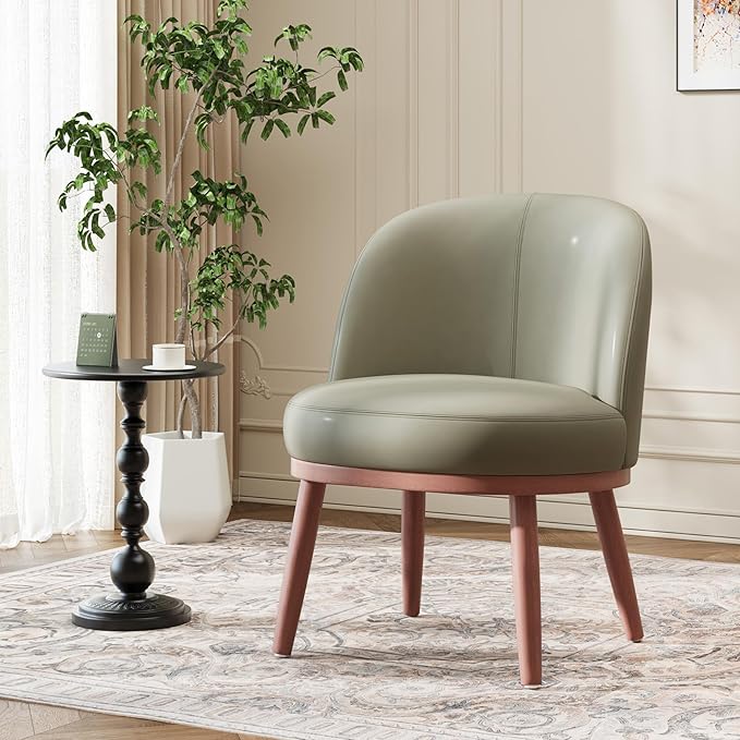Accent Chair Set of 1 PU Leather Mid-Century Modern Chair for Small Space Comfy Upholstered Armless Chair for Living Room Bedroom Olive Green