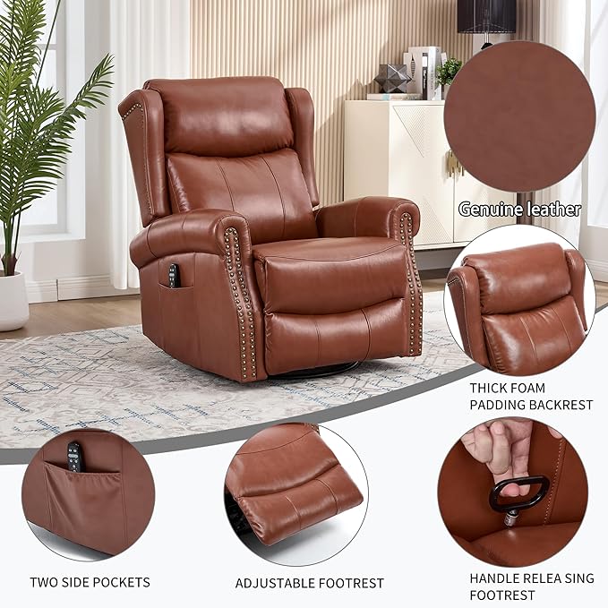 PELUMY Genuine Leather Swivel Rocking Recliner Chair for Adults 360° Swivel Glider Rocker with Heat &amp Vibrating Massage Lounge Chair for Living Room Bedroom Nursery (Tangerine-Red Brown)