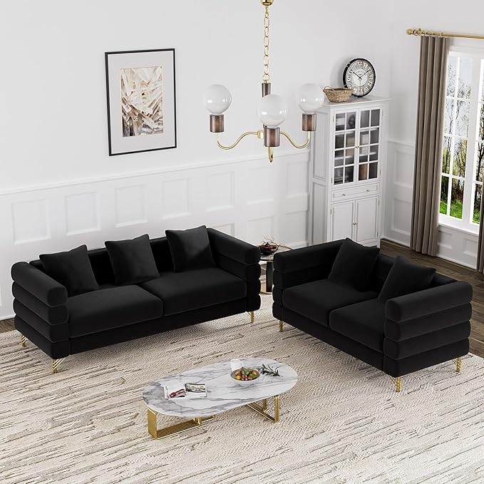 OUYESSIR Living Room Sofa Couch and Loveseat Set Modern Comfy Velvet Deep Seat Cloud Couch with 5 Pillows Oversized Sofa Furniture Sets for Living Room Bedroom Jet Black Velvet