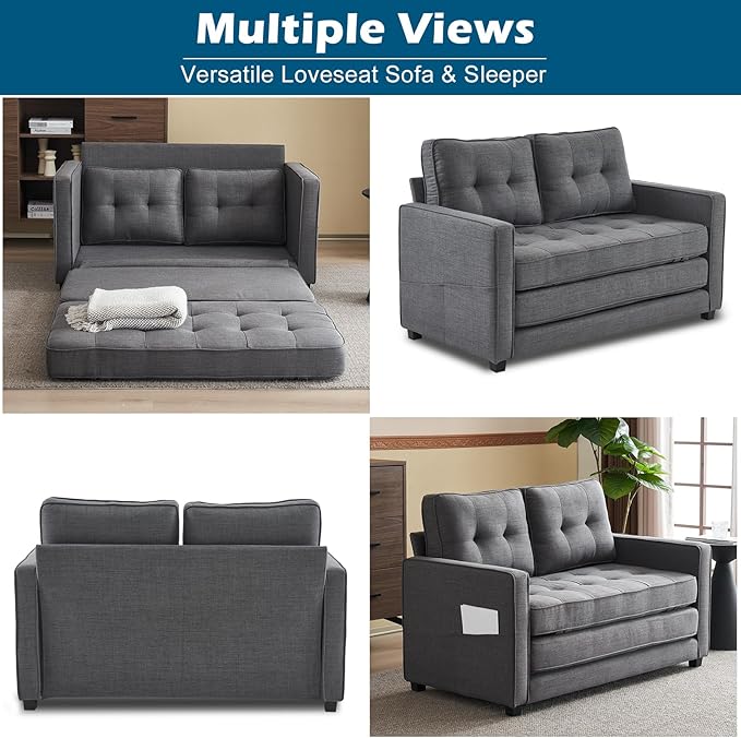 VINGLUpgraded Loveseat Sleeper 53.5W 83L Convertible Sofa Bed Couch Futon Couches for Living Room Twin Folding Couch Bed for Small Spaces Foldable Floor Gaming Sofa Bed for Basement Dark Grey