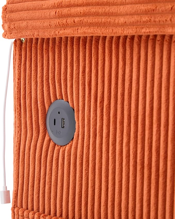 76.8 L-Shaped Sleeper Sofa with Storage Ottoman USB Ports Cup Holders&ampLED Lights Side Pockets Comfy Corduroy Modern 3-Seater Small Couch Bed for Living Room with 2 Throw Pillows (Orange)