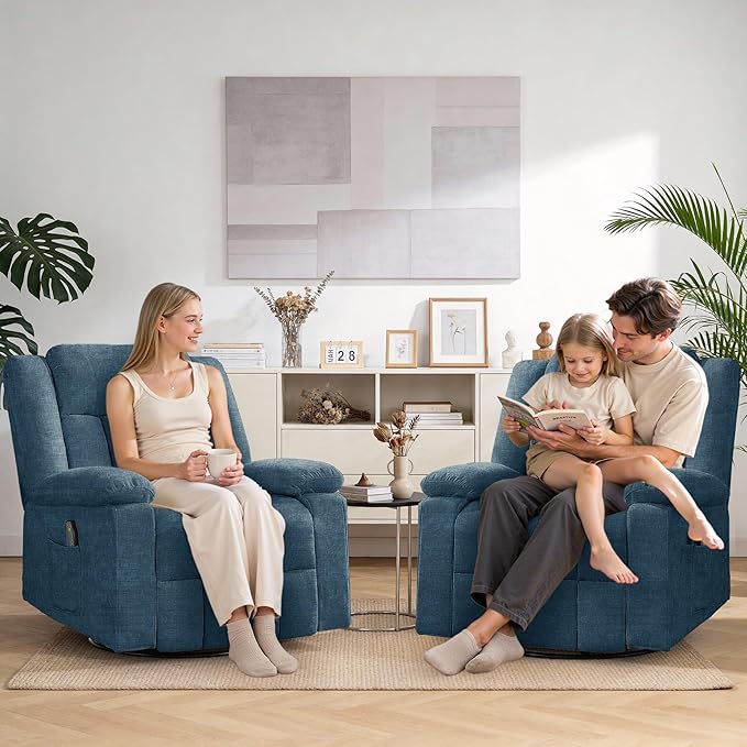 Rocker Recliner Chair for Adults 360° Swivel Rocker Recliner with Massage and Heating Nursery Rocking Chairs with Side Pockets Manual Reclining Chair for Living Room Bedroom or Nursery