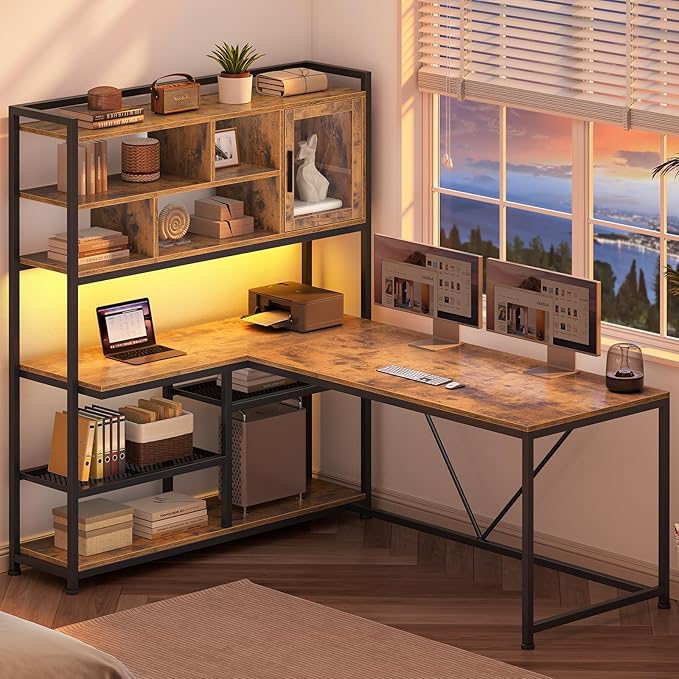SEDETA L Shaped Computer Desk 58'' Office Desk with LED Light and Bookshelf L Shaped Corner Desk with Storage Shelves for Home Office Gaming Desk L Desk Rustic Brown
