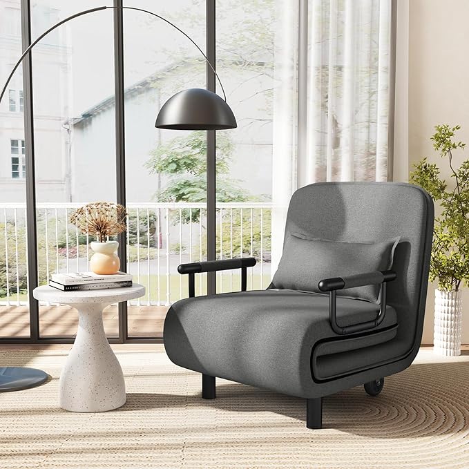 Giantex Convertible Sofa Bed 3-in-1 Folding Sleeper Chair with 5-Position Adjustable Backrest Wheels 2 Legs Recliner Chaise Lounge with Pillow Armchairs for Nursery Living Room Office (Gray)