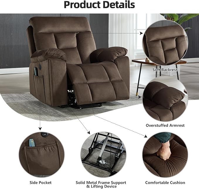 CANMOV Large Power Lift Recliner Chair with Massage and Heat for Elderly Big and Tall People Overstuffed Wide Recliners with 2 Cup Holders Side Pocket and USB Port Dark Brown