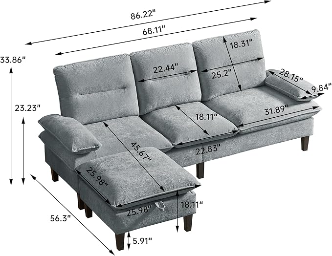 86'' Chenille Sofa with Storage Ottoman Modern Living Room Sofa with Removable Washable Cushion 3 Seater Comfy Couch for Apartment Bedroom Office (Light Grey)