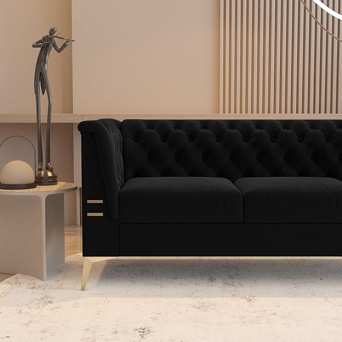 WILLIAMSPACE Chesterfield Black Sofa 3 Seater Velvet Couches Upholstered Tufted Sectional Sofa for Living Room/Office/Apartment