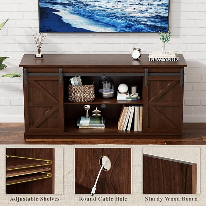 YESHOMY TV Stand for Televisions up to 65 Inches with Sliding Barn Doors and Storage Cabinets Console Table and Media Furniture for Living Room 58 Inch Espresso