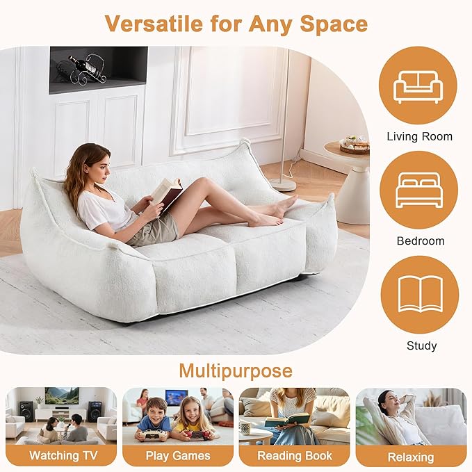 Ergonomic Bean Bag Chair - Premium Faux Fur Sofa with High-Density Foam Core Multi-Scene Comfort Seating for Living Room/Bedroom/Apartment Beige/White (2 Seat)