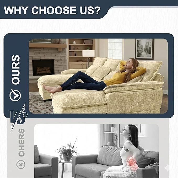 110 U Shape Sectional Sofa Cloud Couch for Living Room Upholstery Comfy Modular Sofas 4 Seat Chenille U-Shaped Sleeper Sofa with Chaise Lounge Pillows for Apartments Kakhi