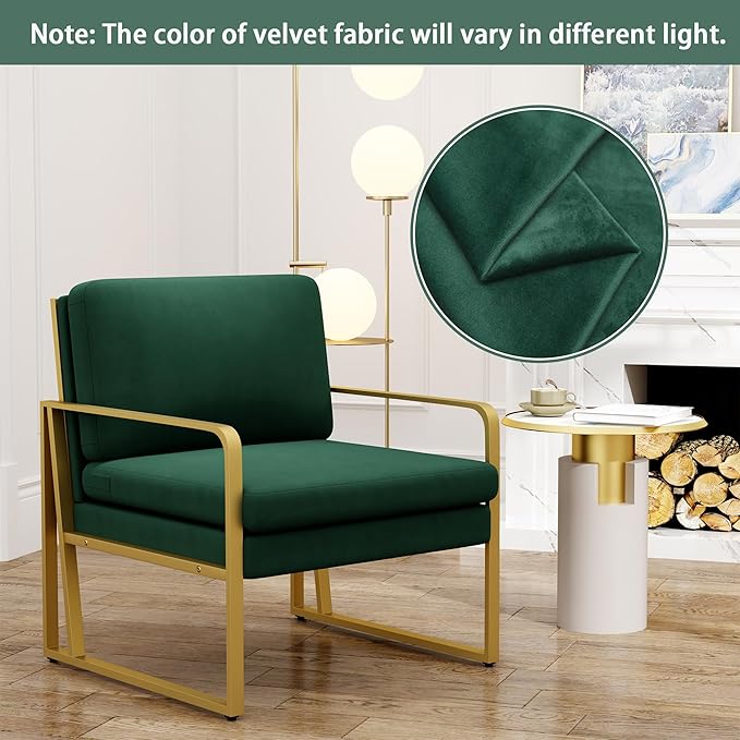 Andeworld Velvet Accent Chair Mid Century Living Room ArmchairUpholstered Modern Sofa Side Chair with Metal Golden Legs for ReadingLoungingBedroom Apartment Green