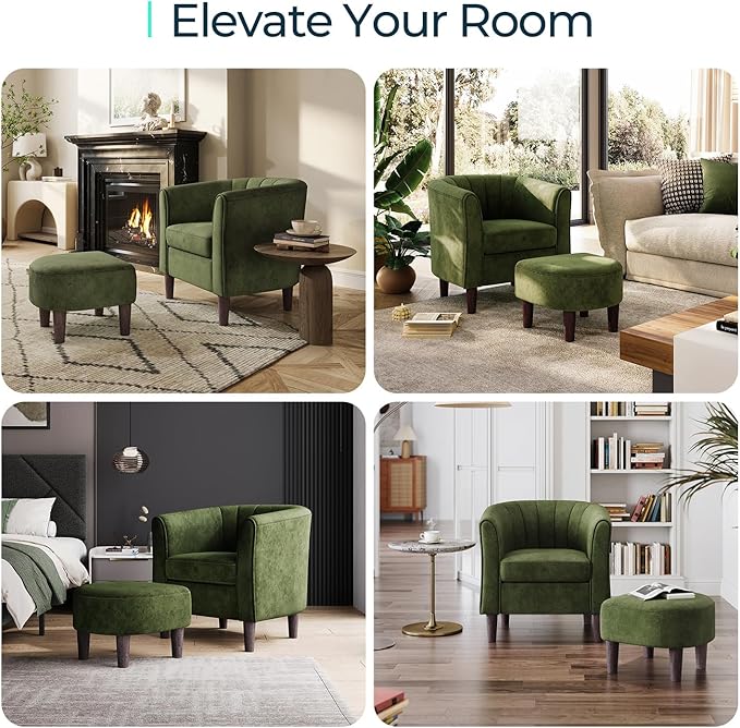 LINSY Accent Chair Set of 2 Velvet Barrel Chair with Ottoman Modern Comfy Small Armchair for Small Spaces Reading Room Living Room Bedroom Kids Room Office Olive