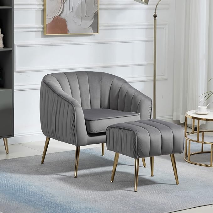Velvet Accent Chair with Ottoman Modern Tufted Barrel Chair Ottoman Set for Living Room Bedroom Golden ed Grey