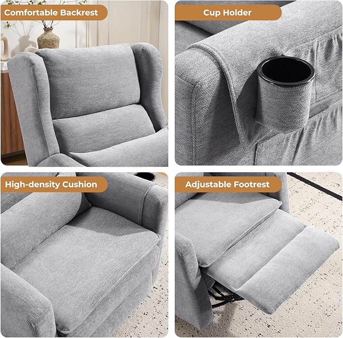 Swivel Rocker Recliner Chair Glider Rocker Recliner with Adjustable Headrest Nursery Rocking ChairManual Recliner with Side Pockets for Living Room &amp BedroomGrey
