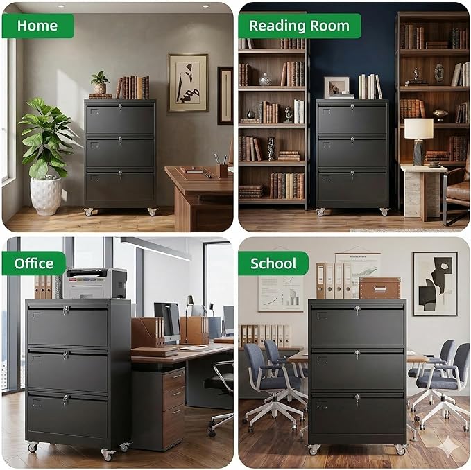 Aobabo 3 Drawer Lateral File Cabinet with Wheels Lockable Metal Filing Cabinet for Home Office Legal/Letter SizeBlackRequired Assembled15.87 D x 28.94 W x47.63 H