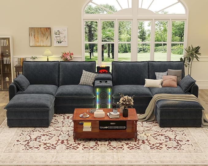 Modular Sectional Sofa 6 Seat U Shaped Couch Smart Module-Bluetooth Speaker/RGB Light/Humidifier/Charging Station Chenille Sectional Couches for Living Room with 2 Movable Ottomans (Dark Grey)