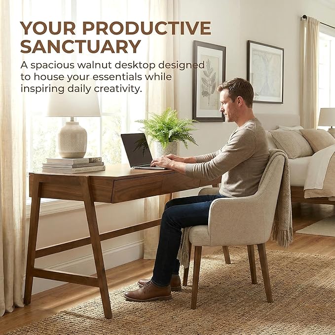 Walnut Wood Desk with Drawers Home Office Desk Mid Century Modern Writing Table for Bedroom Vanity Living Room Study Workstation