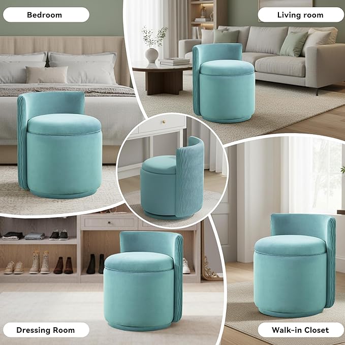 360° Swivel Velvet Vanity Chair with Storage Barrel Makeup Chair with Wave Back No Assembly Vanity Stool Small Accent Chair for Living Room Teal